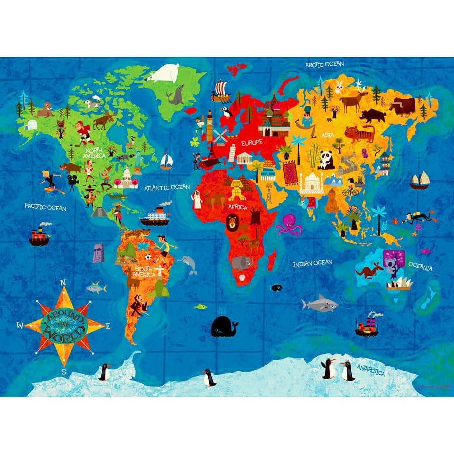 Colorful illustrated world map with labeled continents, oceans, regional animals, landmarks, compass rose, and Antarctica at bottom