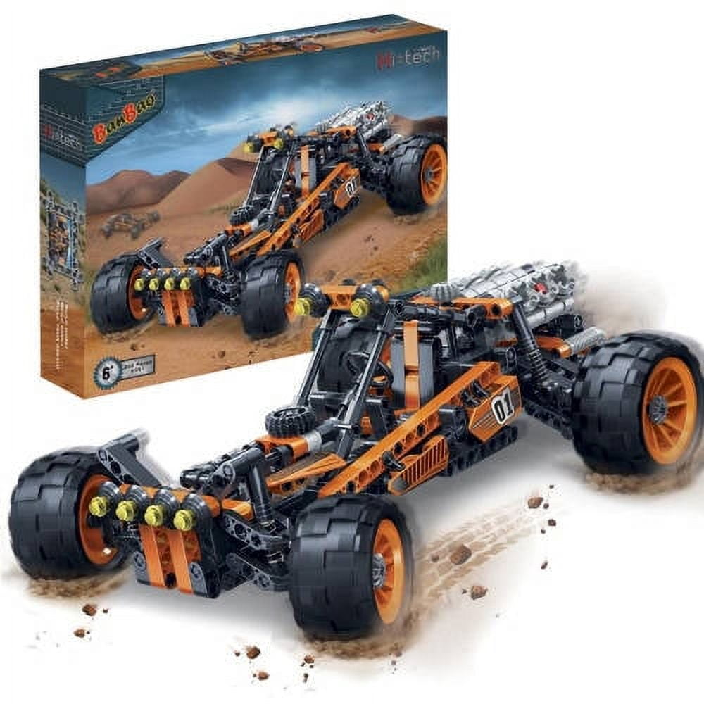 Orange and black Hi-Tech Series Racer 01 building set with large black wheels and yellow headlights, shown assembled on sand with packaging box in background