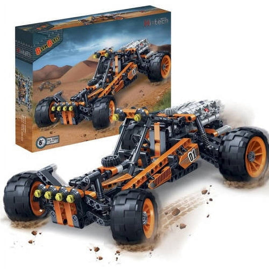 Orange and black Hi-Tech Series Racer 01 building set with large black wheels and yellow headlights, shown assembled on sand with packaging box in background