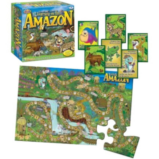 Journey on the Amazon Playzzle interactive board game with box, game board featuring rainforest path with animals, and animal cards displayed