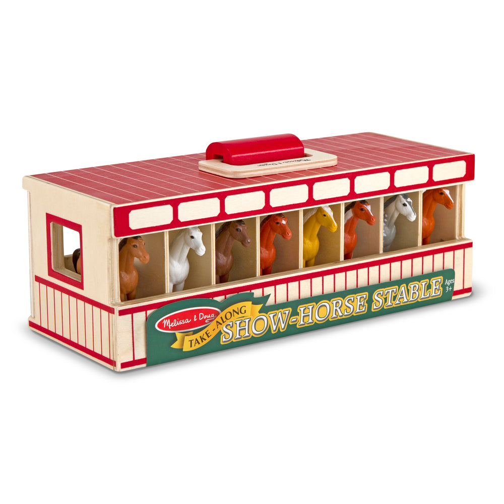 Melissa & Doug Take-Along Show-Horse Stable wooden playset with red and cream exterior, featuring eight colorful horse figurines in individual stalls and a red
