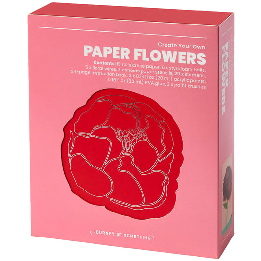 JOS Create Your Own Paper Flowers craft kit with red flower design on pink box