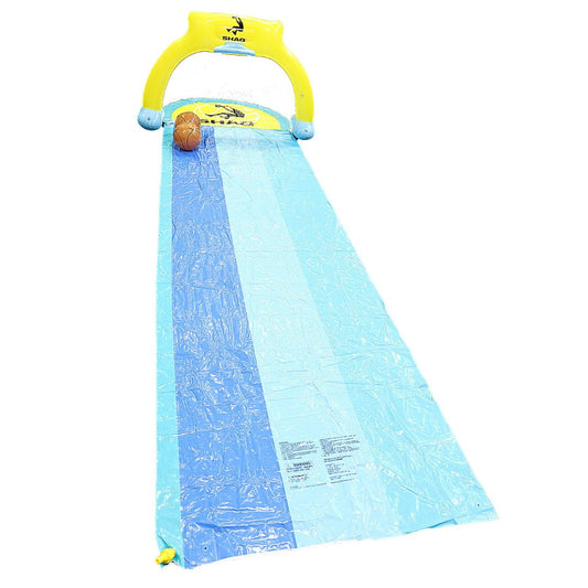 SHAQ Triple Water Slide with yellow top frame, blue inflatable slide surface, basketball hoop, and splash pool base on white background