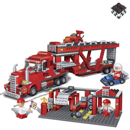 Red fire truck building set with 660 pieces including fire station base, hauler truck with lifting platform, small rescue vehicles, and minifigures