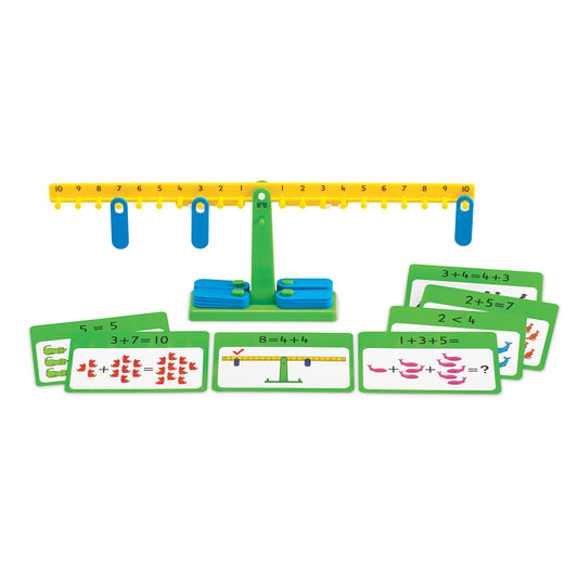 Number Balance Activity Set with yellow numbered balance bar, green balance beam, blue hanging clips, and math learning cards showing addition and equation prob