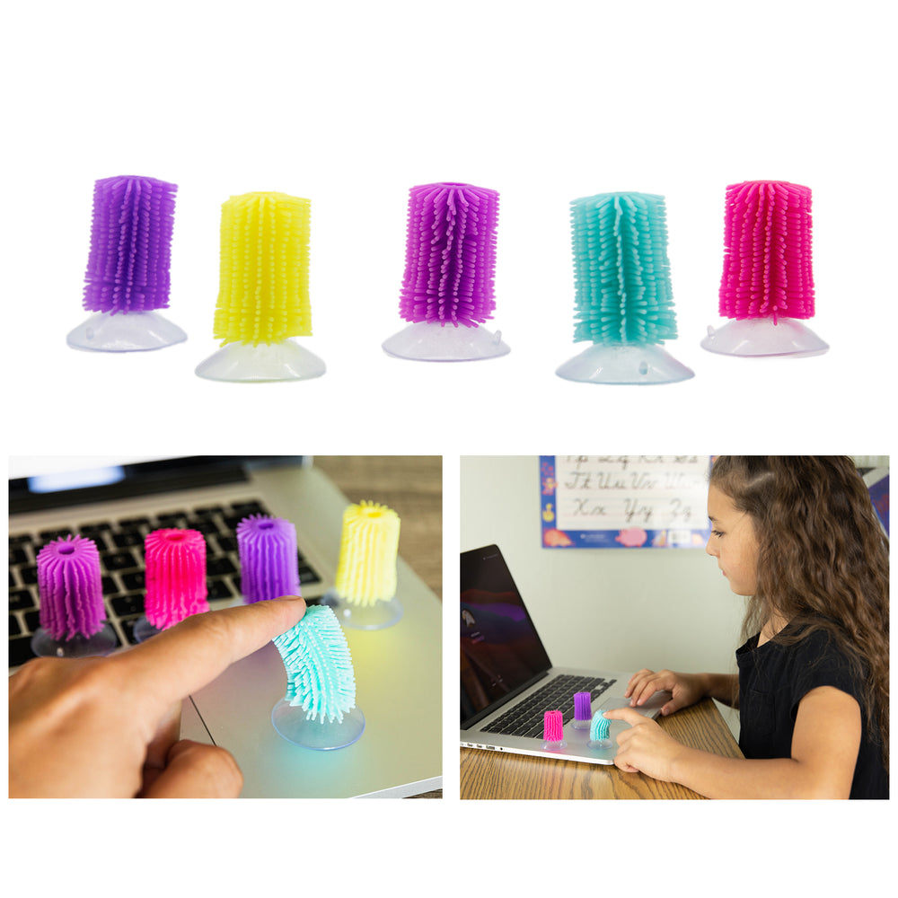 Five colorful spiky fidget toys in purple, yellow, magenta, turquoise, and hot pink with suction cup bases, shown individually at top; bottom images show toy he