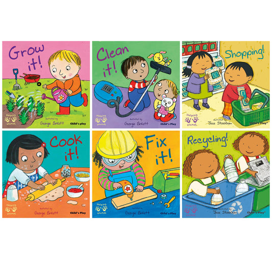 Six colorful illustrated board book covers showing children performing daily activities: gardening, cleaning, shopping, cooking, fixing, and recycling