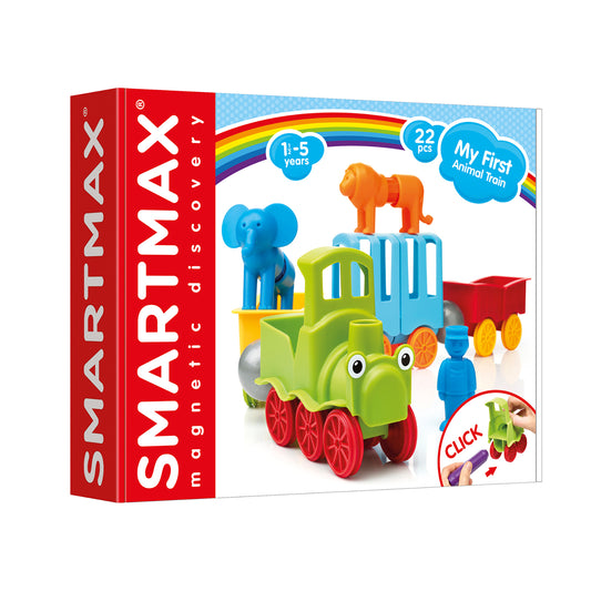 SmartMax My First Animal Train magnetic building set with colorful train engine, blue elephant and orange lion animal figures, 22 pieces for ages 1½–5 years