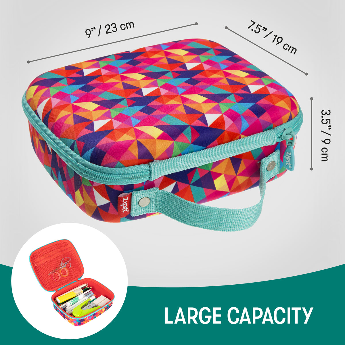 ZIPIT Jumbo Pencil Case in Colorful with bright geometric triangle pattern, turquoise handle, and storage contents vi...