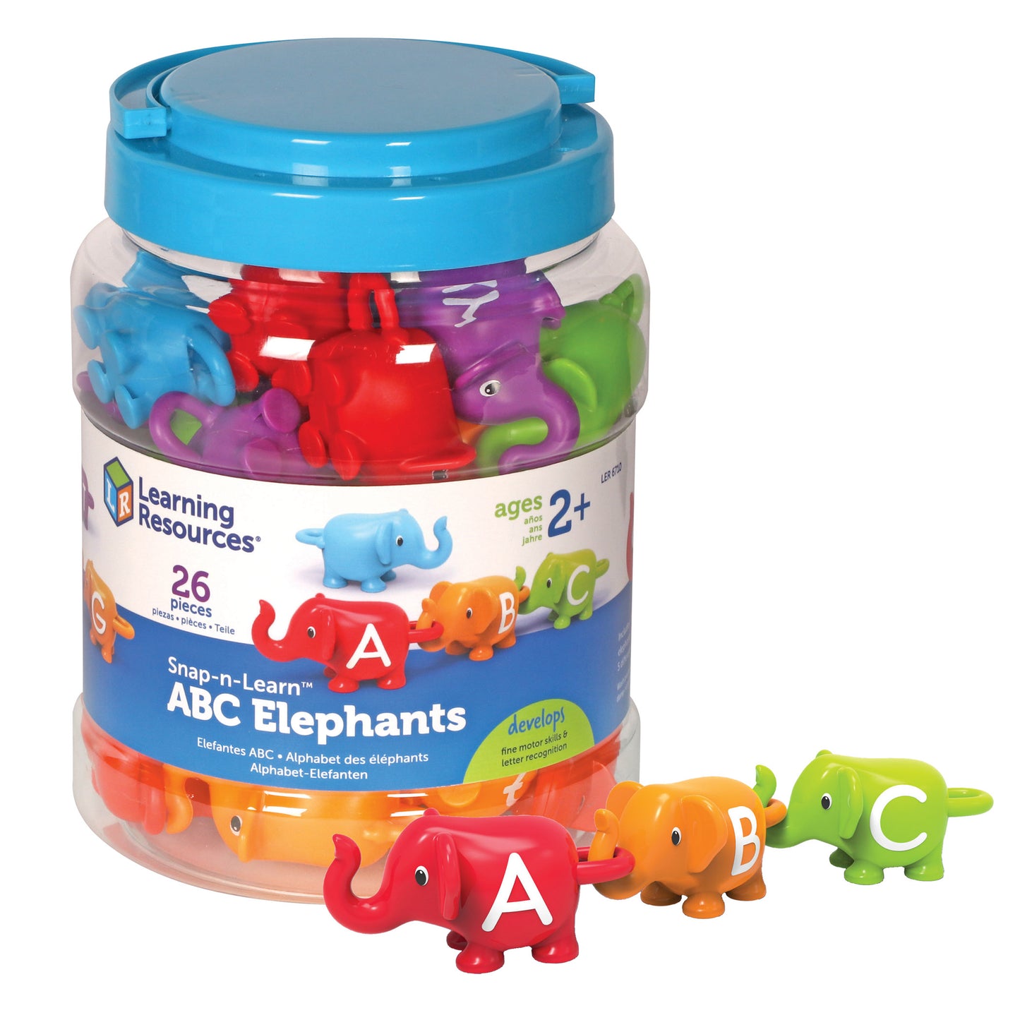 Learning Resources Snap-n-Learn ABC Elephants set with blue storage jar containing 26 colorful plastic elephant pieces labeled with letters, three elephants dis