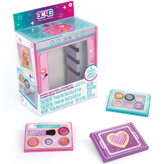3C4G Bakery Beautiful Cosmetics set with pink oven playset and three palette trays containing scented cosmetic pieces shaped like pastries and cookies