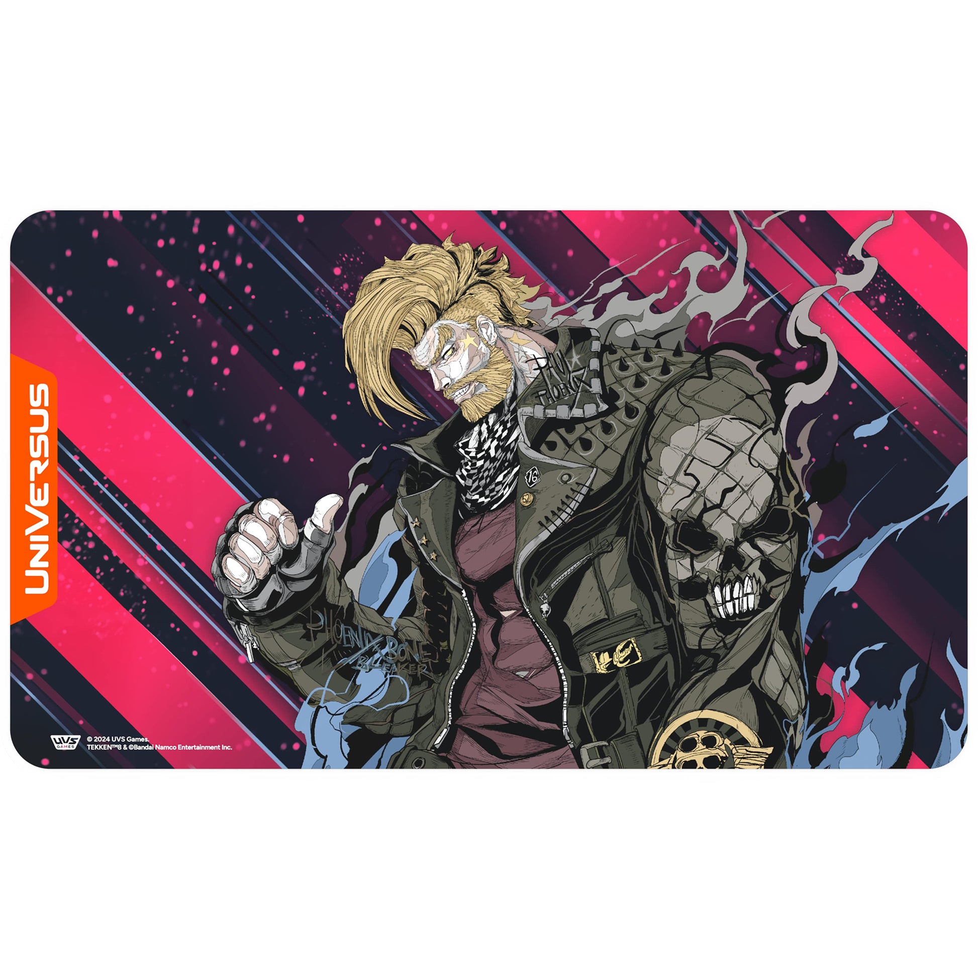 Tekken 8 Paul Character Playmat by UniVersus featuring anime-style illustration of Paul with blonde hair and skull design on pink, navy, and dark purple geometr