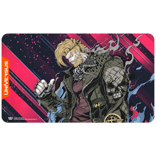 Tekken 8 Paul Character Playmat by UniVersus featuring anime-style illustration of Paul with blonde hair and skull design on pink, navy, and dark purple geometr
