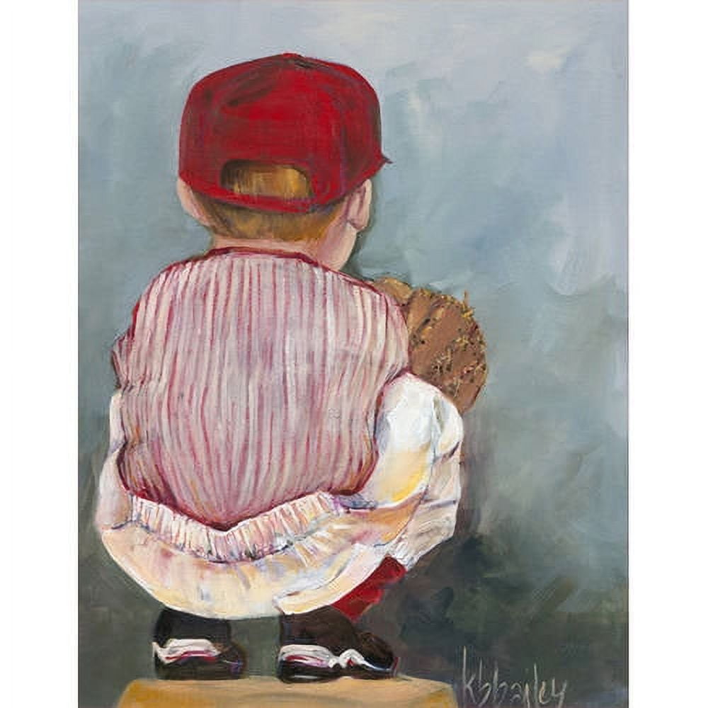 Young child modeled from behind wearing red baseball cap, pink striped shirt, and holding brown baseball glove, canvas wall art