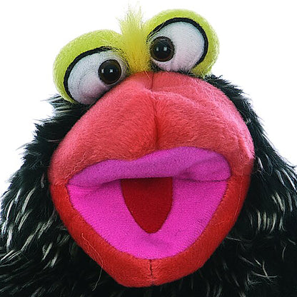 Living Puppets: Poe The Bird hand puppet with lime green head, large expressive eyes, black sides, and bright pink op...