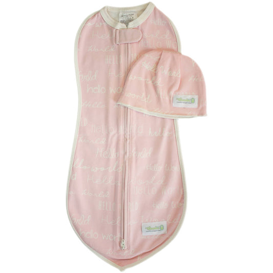Pink swaddle set with cream trim and text pattern, includes matching hat with ear flaps