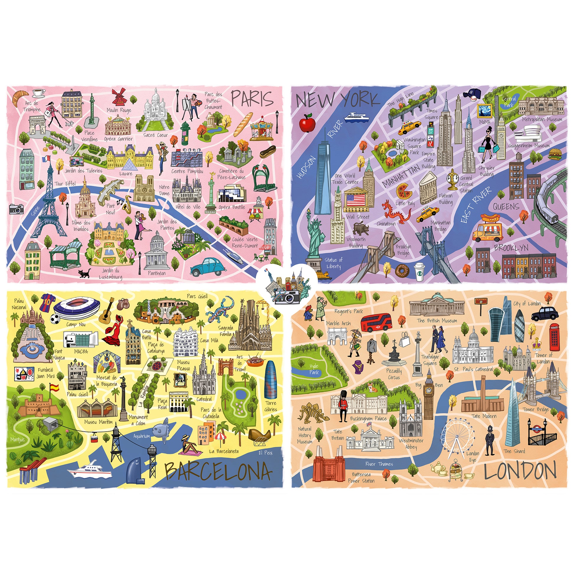 TEAMPUZZLE City Trip 1000pc jigsaw puzzle featuring colorful illustrated maps of Paris, New York, Barcelona, and London