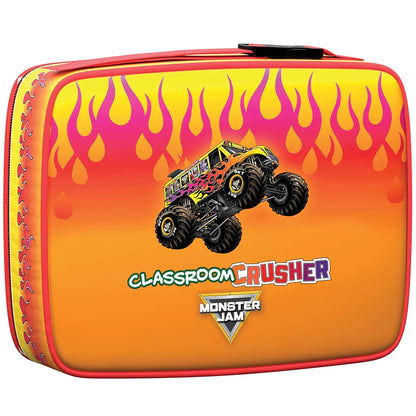 Monster Jam Classroom Crusher lunch bag with flame design, yellow and orange colors