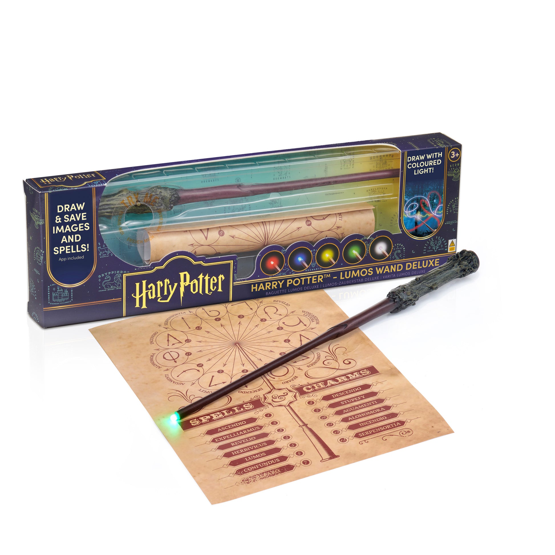 Harry Potter Lumos Wand Deluxe set with wand, coloring pages, and colored light-up markers in packaging