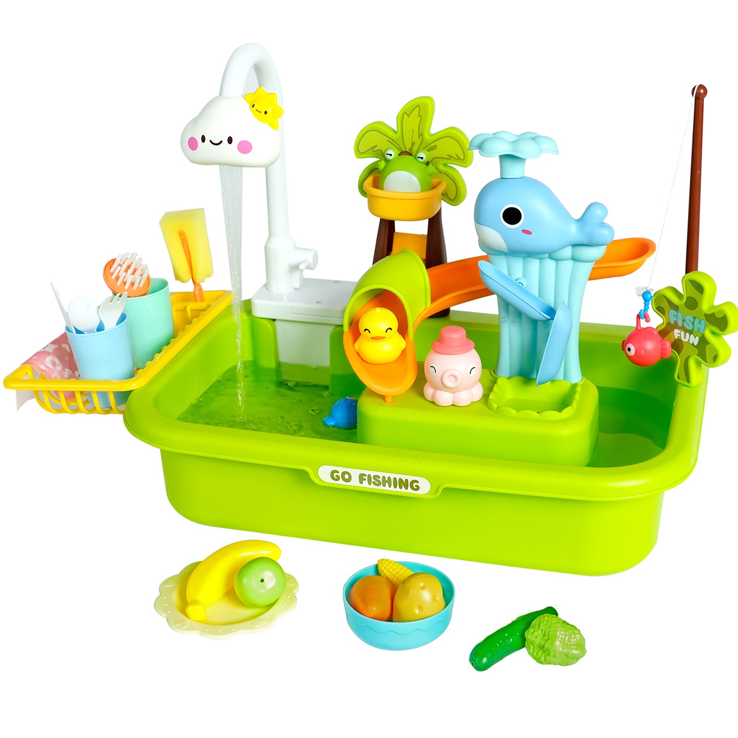 Green fishing-themed play set with white cloud lamp, blue whale, potted plant, small character figures, fishing rod, and accessories including toy food and fish