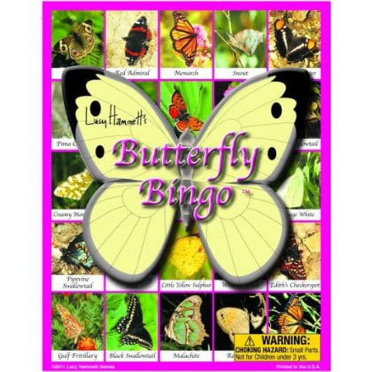 Butterfly Bingo Game box featuring a large yellow butterfly with black wing borders in center, surrounded by photographs of different butterfly species and name