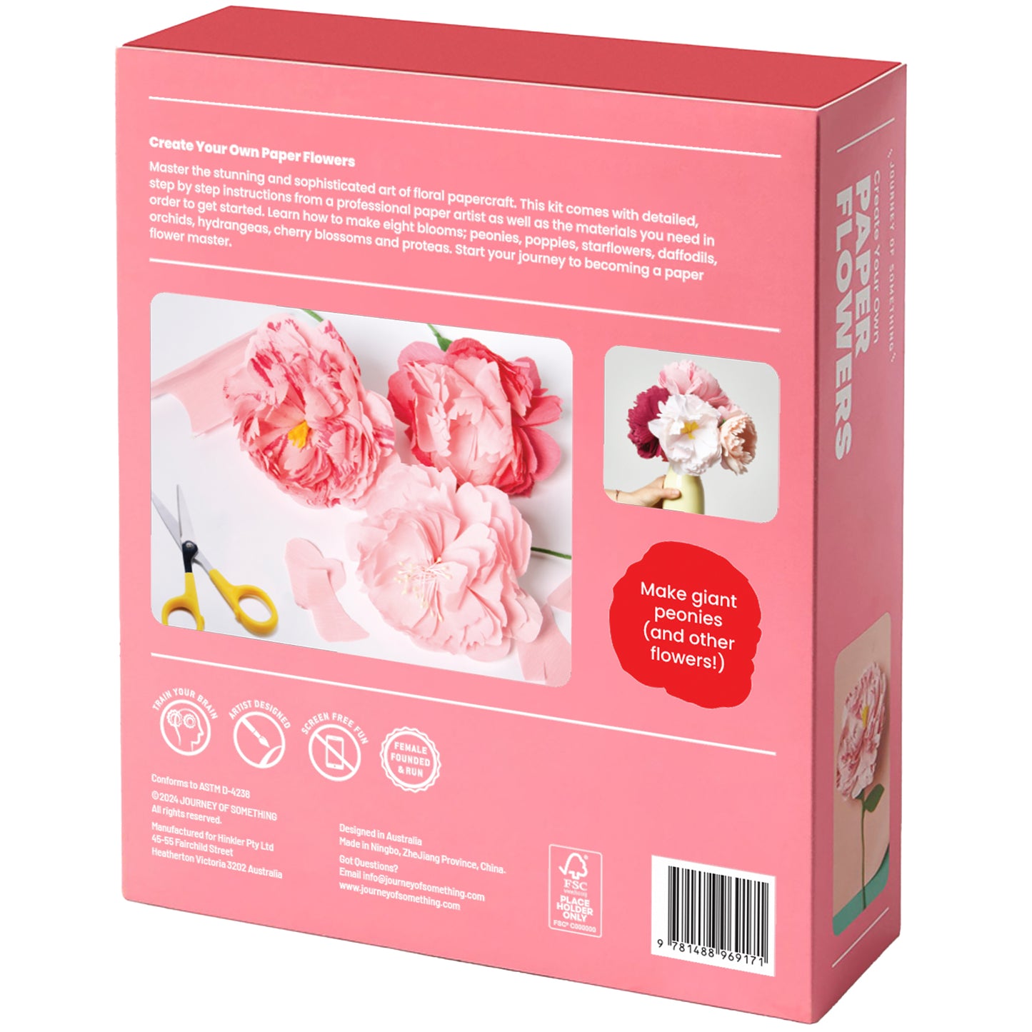JOS Create Your Own Paper Flowers craft kit with pink peonies and scissors