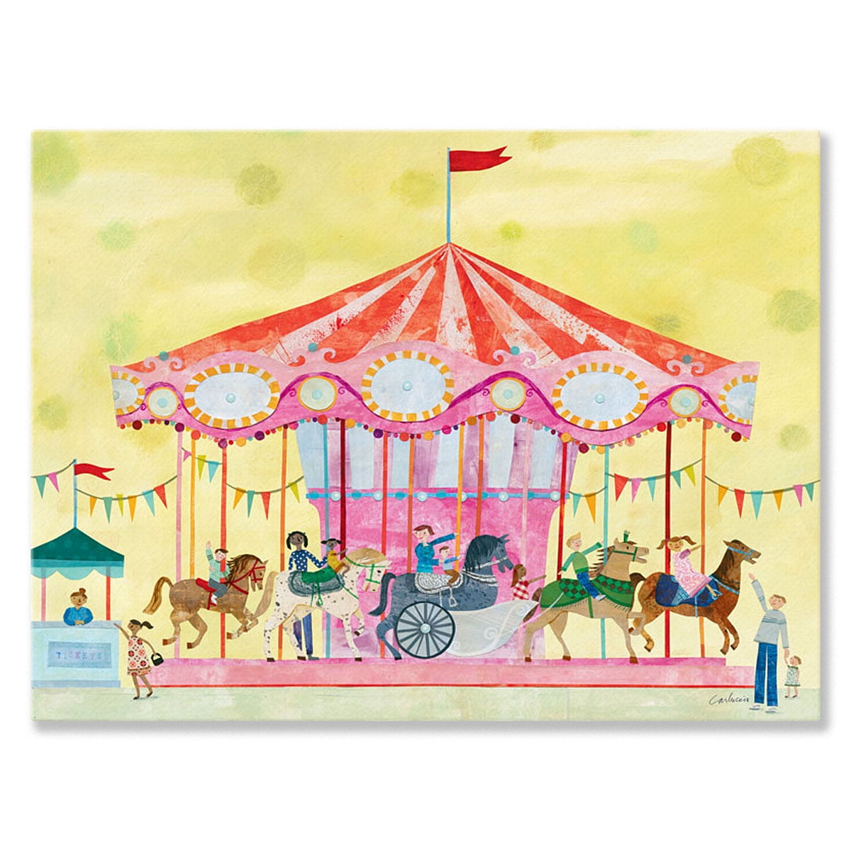 Illustrated carousel with red and white striped tent, pink decorative canopy, ornate light fixtures, children riding horses and other carousel animals, bunting