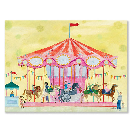 Illustrated carousel with red and white striped tent, pink decorative canopy, ornate light fixtures, children riding horses and other carousel animals, bunting