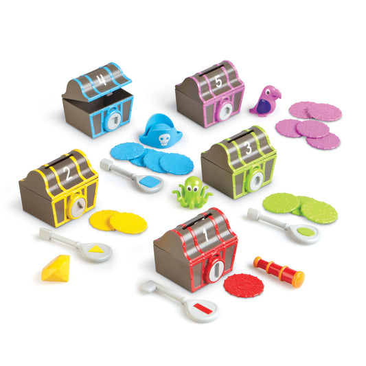 Five colorful treasure chests with numbered dials in blue, yellow, pink, lime green, and red, surrounded by matching colored felt shapes, small character figure