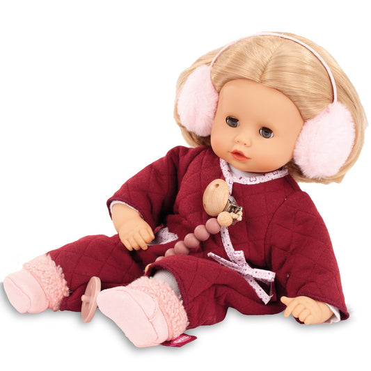 Jubilee Muffin Doll 13 inch soft doll with blonde hair, pink earmuffs, burgundy outfit