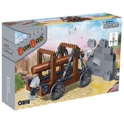 BanBao Medieval Catapult Building Set box showing assembled wooden catapult with wheels, gray castle blocks, and minifigure on sandy battlefield backdrop