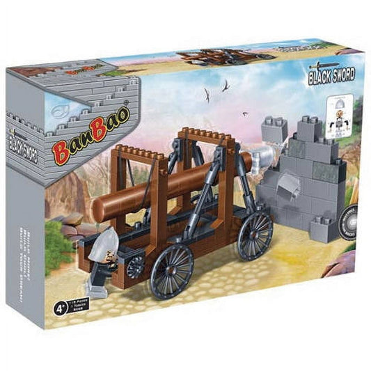 BanBao Medieval Catapult Building Set box showing assembled wooden catapult with wheels, gray castle blocks, and minifigure on sandy battlefield backdrop
