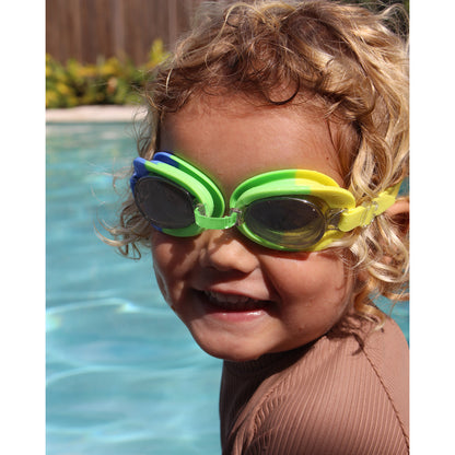 Eli the Elephant swimming goggles in green and yellow, worn by child at pool