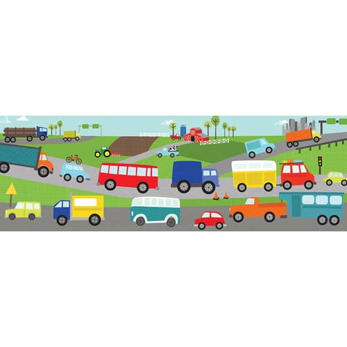 Colorful illustrated canvas showing various vehicles including cars, trucks, fire engines, and construction vehicles on roads and hills with buildings and trees