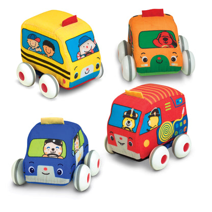 Melissa & Doug K's Kids Pull-Back Vehicle Set with four colorful soft toy cars in yellow, orange, blue, and red