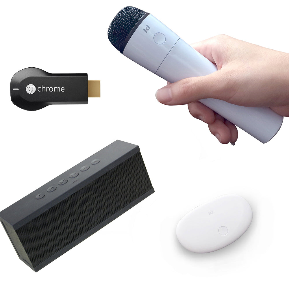 Moxxi Go Karaoke system with wireless microphone modeled by a child, portable speaker, Google Chromecast device, and white receiver unit