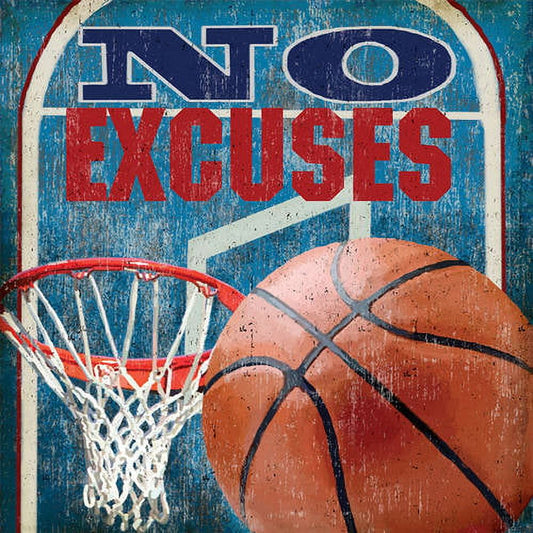 INTO EXCUSES vintage-style basketball sign with red rim, white net, and orange basketball on blue weathered background
