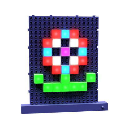 E-Blox Lite Blox Student Set with illuminated red, cyan, magenta and white LED blocks on pegboard