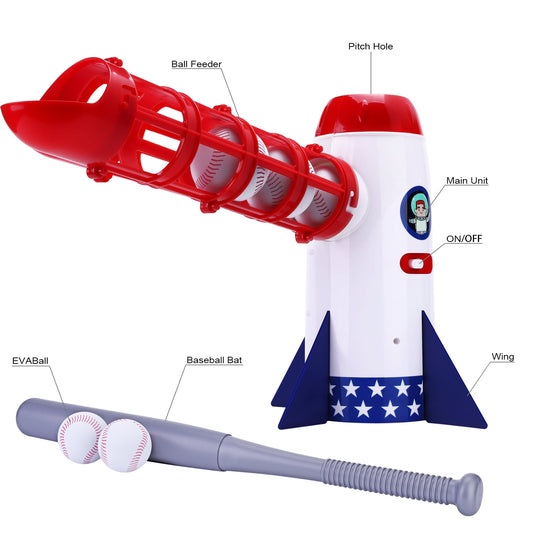 Pop-up T-ball set with red and white rocket-shaped launcher, white and navy star-patterned base, gray baseball bat, and two baseballs