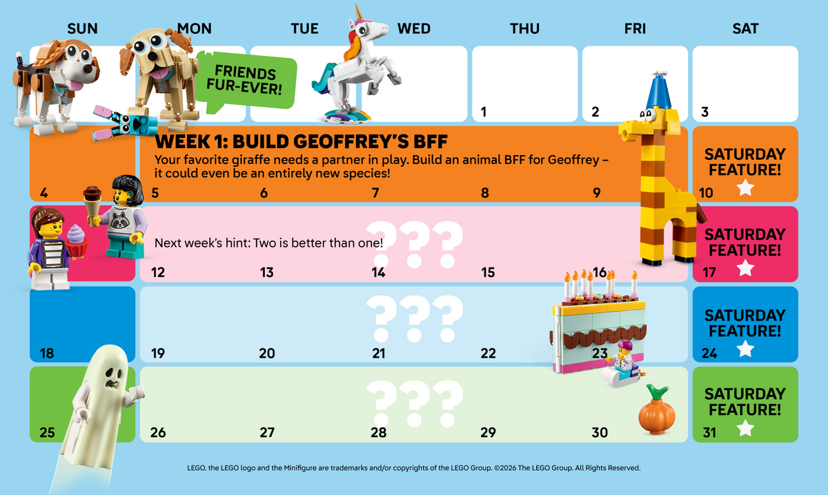 Week 1: Build Geoffrey's BFF. Your favorite giraffe needs a partner in play. Build an animal BFF for Geoffrey - it could even be an entirely new species! Next week's hint: Two is better than one!