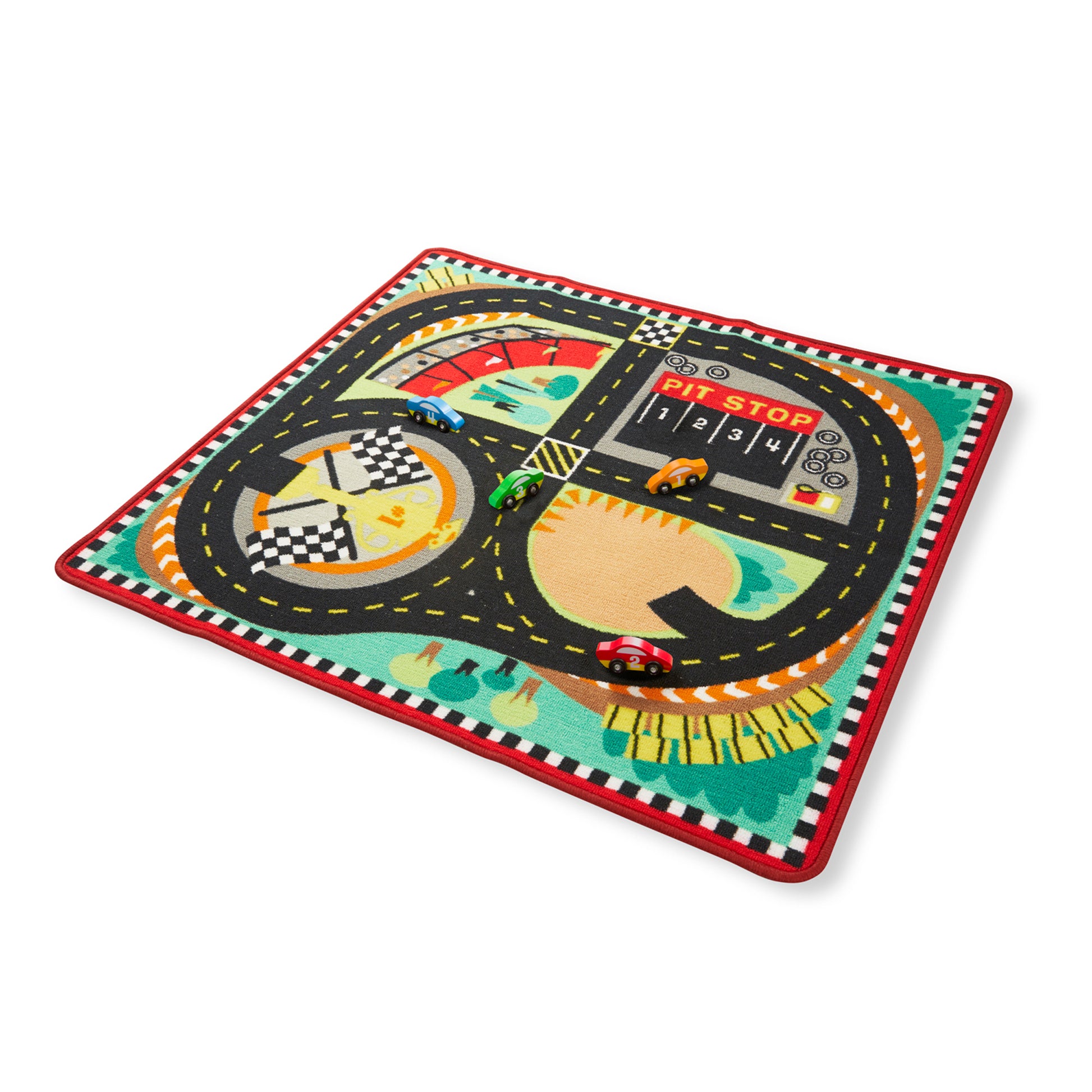 Melissa & Doug Speedway Race Track Rug with 4 wooden cars, colorful road mat with checkered finish line