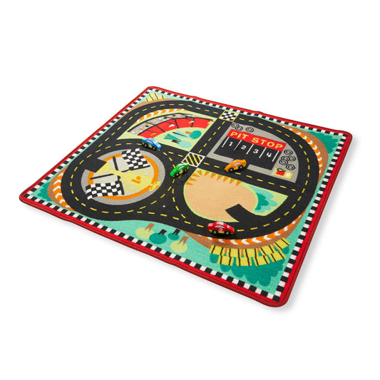 Melissa & Doug Speedway Race Track Rug with 4 wooden cars, colorful road mat with checkered finish line