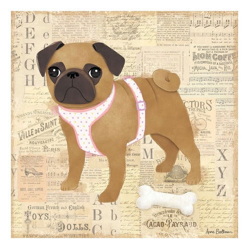 Illustration of a tan pug with black face wearing a pink and white polka dot harness, standing on a vintage collage background with letters and ephemera, with a