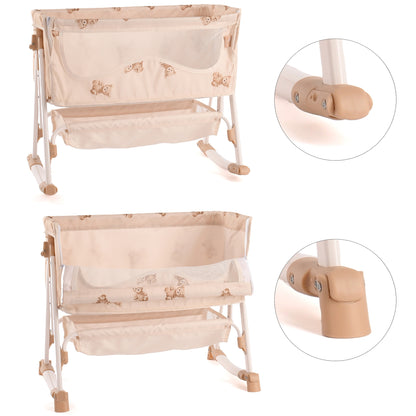 Roma Teddy Bedside Crib in beige with teddy bear design and wheeled legs
