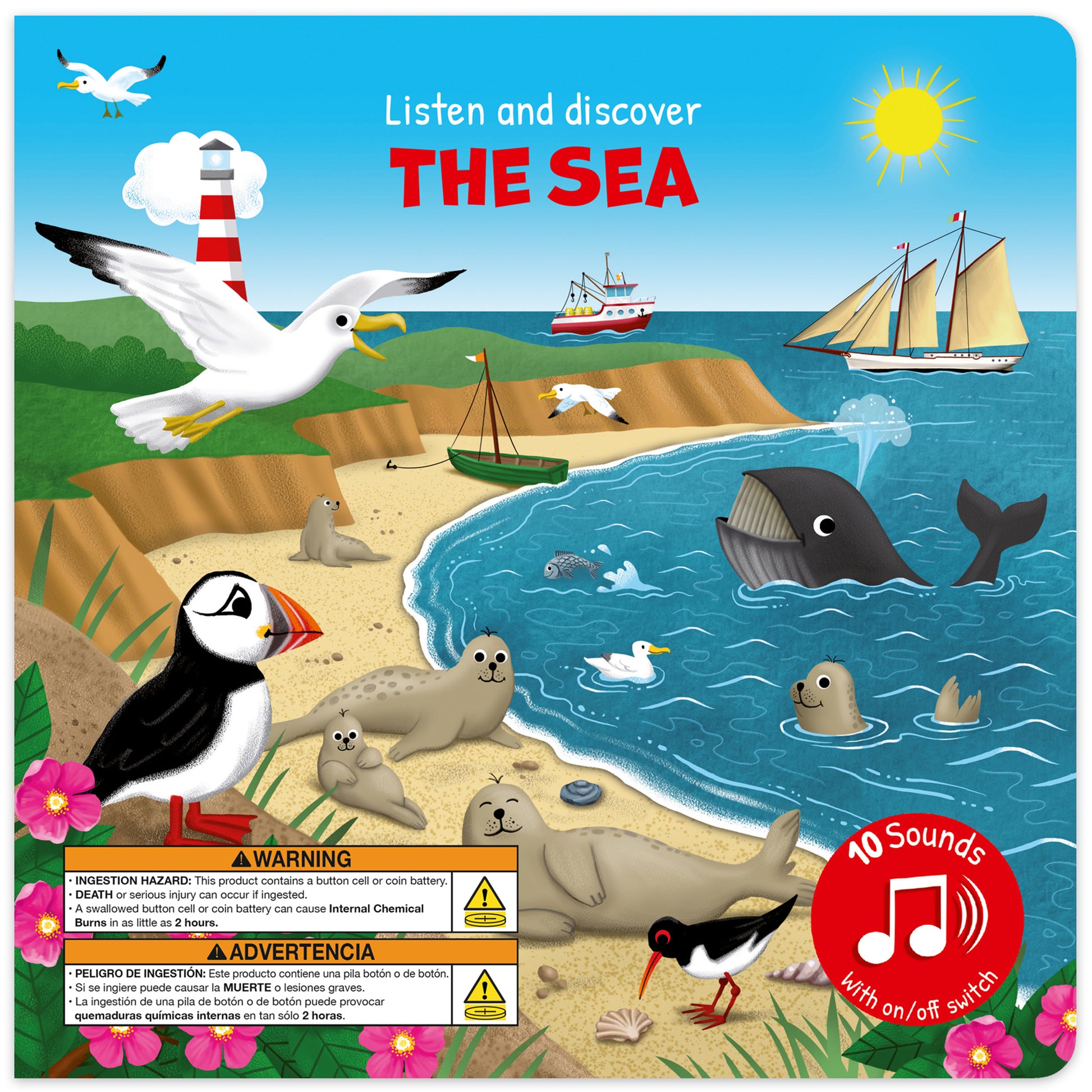 Listen and Discover The Sea interactive sound book with 10 sounds, colorful beach and ocean scene