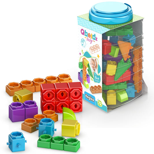 Engino Qboidz Baby building set with colorful interlocking blocks in blue, red, orange, yellow, green, and purple, shown with turquoise storage container and di