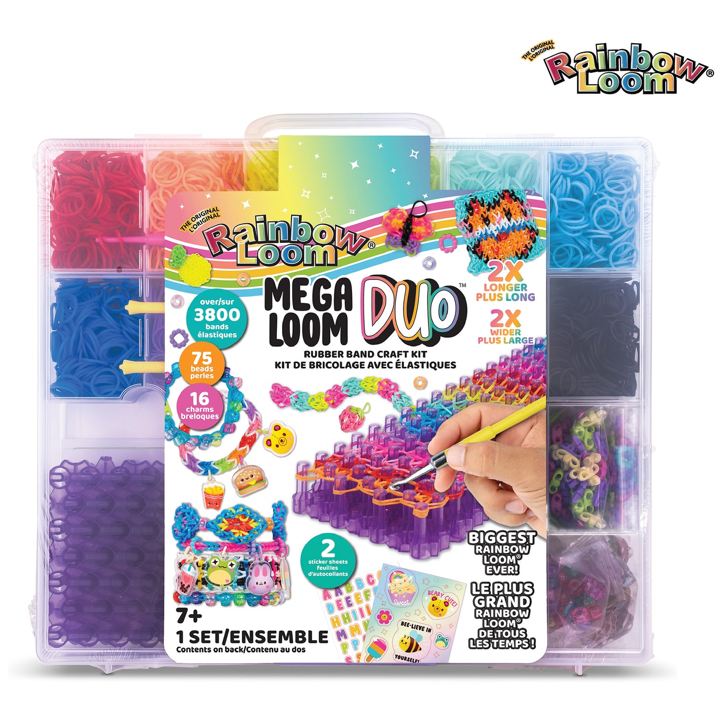 Rainbow Loom Mega Loom Duo bracelet kit with 3800 rubber bands, 2 looms, and colorful charms