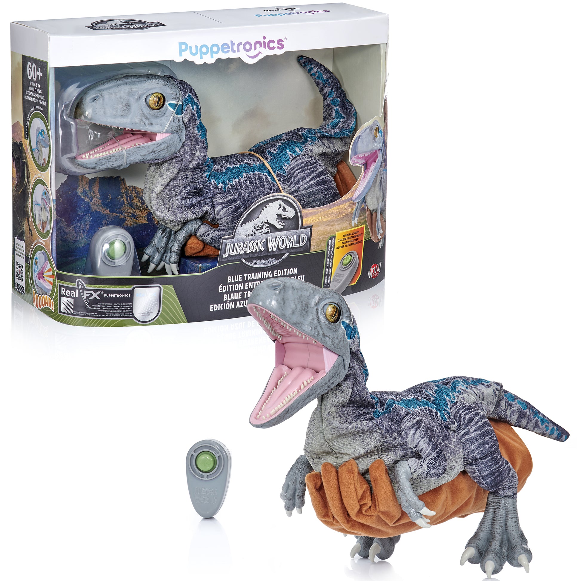 Puppetronics Jurassic World Blue Training Edition interactive dinosaur toy with remote control, shown in packaging and displayed separately