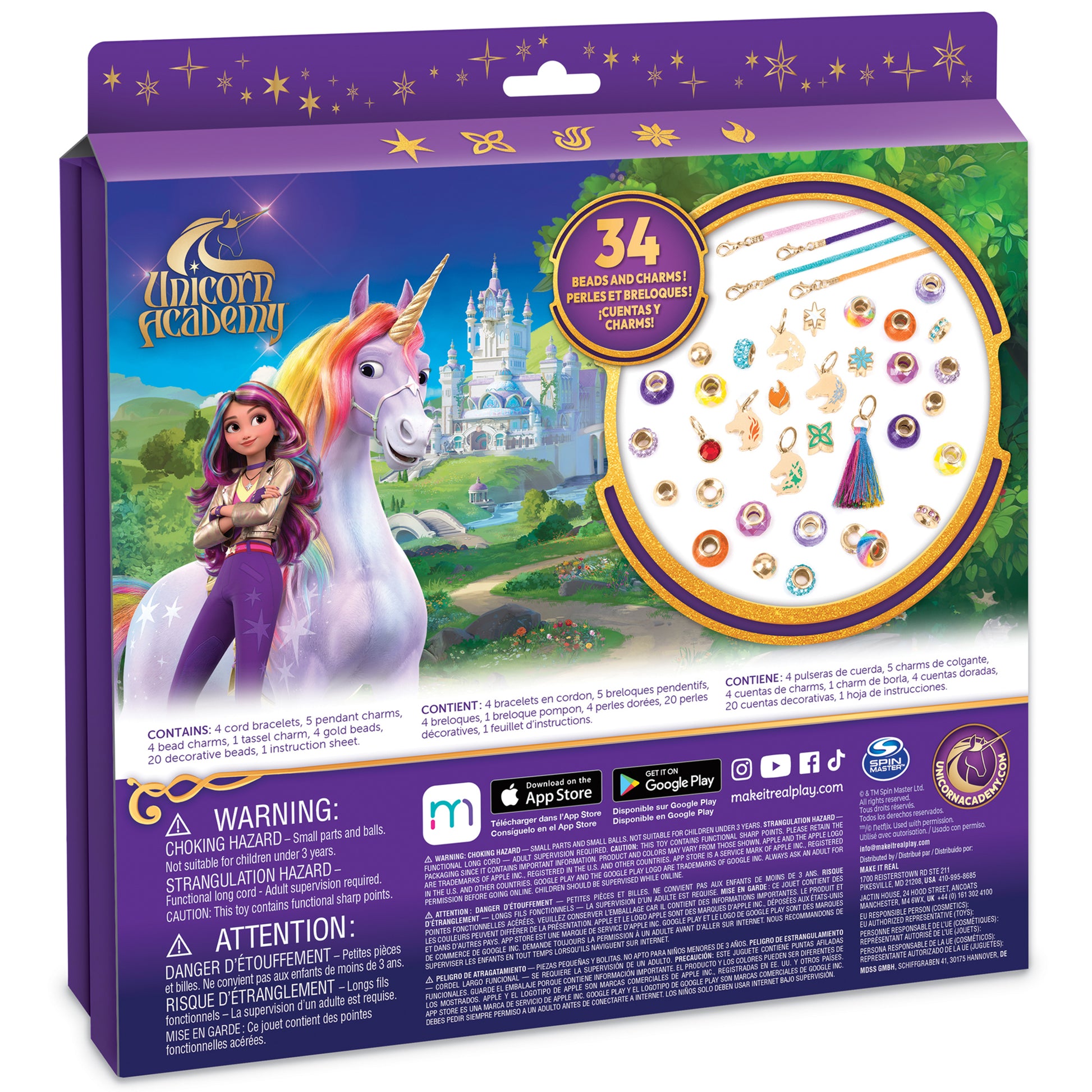 Unicorn Academy Charm Bracelet DIY Jewelry Making Kit box showing a girl with purple hair on a unicorn with castle in background, includes 34 beads and charms,