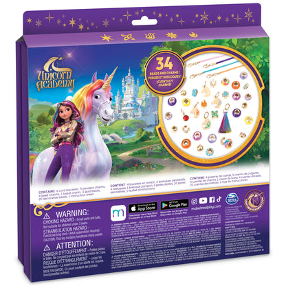 Unicorn Academy Charm Bracelet DIY Jewelry Making Kit box showing a girl with purple hair on a unicorn with castle in background, includes 34 beads and charms,